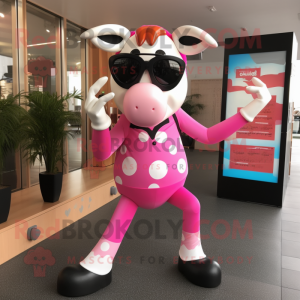 Pink Hereford Cow mascot costume character dressed with a Leggings and Sunglasses