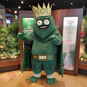 Forest Green King mascot costume character dressed with a Denim Shorts and Shawl pins