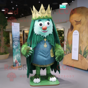 Forest Green King mascot costume character dressed with a Denim Shorts and Shawl pins