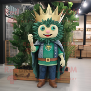 Forest Green King mascot costume character dressed with a Denim Shorts and Shawl pins