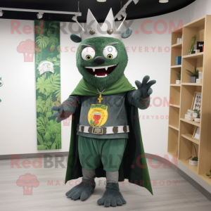 Forest Green King mascot costume character dressed with a Denim Shorts and Shawl pins