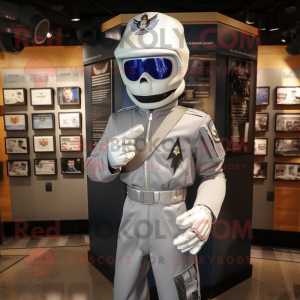 Silver Air Force Soldier mascot costume character dressed with a Jacket and Shawl pins