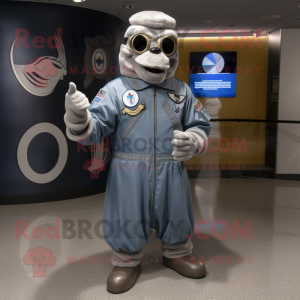 Silver Air Force Soldier mascot costume character dressed with a Jacket and Shawl pins