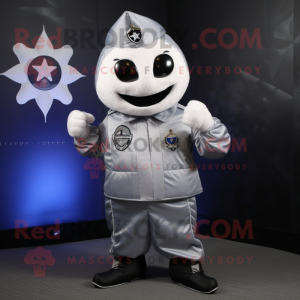 Silver Air Force Soldier mascot costume character dressed with a Jacket and Shawl pins