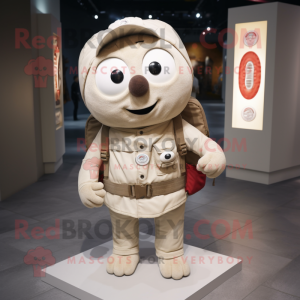 Cream Camera mascot costume character dressed with a Chinos and Backpacks