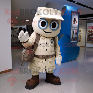 Cream Camera mascot costume character dressed with a Chinos and Backpacks