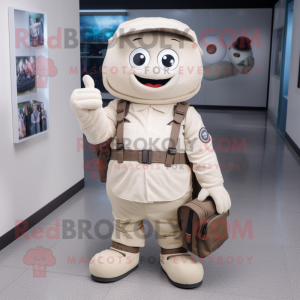 Cream Camera mascot costume character dressed with a Chinos and Backpacks