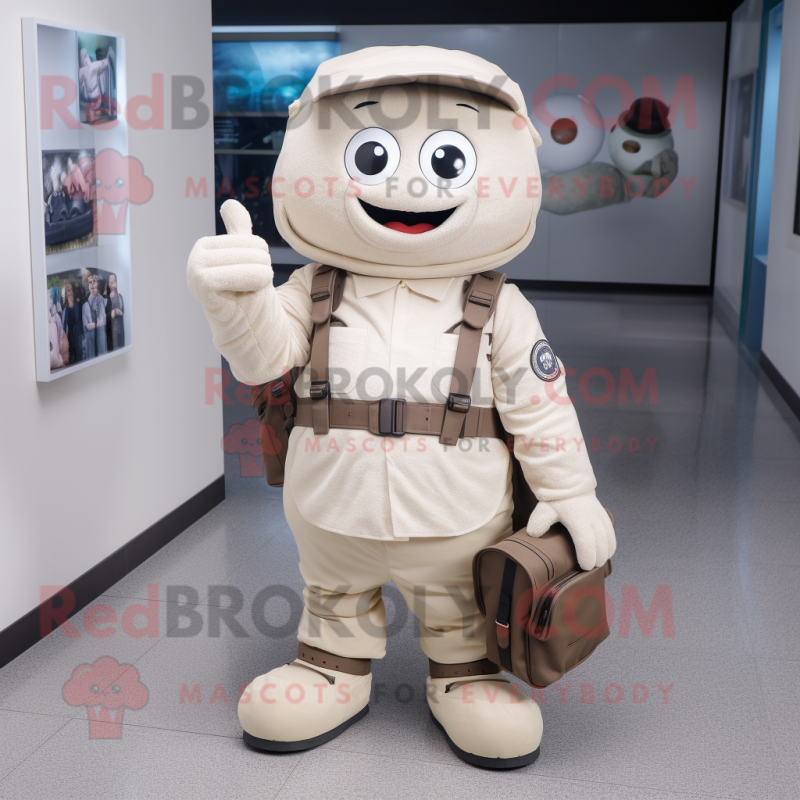 Cream Camera mascot costume character dressed with a Chinos and Backpacks