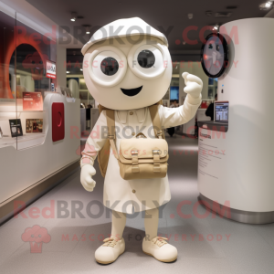 Cream Camera mascot costume character dressed with a Chinos and Backpacks