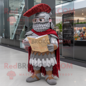 Gray Roman Soldier mascot costume character dressed with a Wrap Dress and Reading glasses