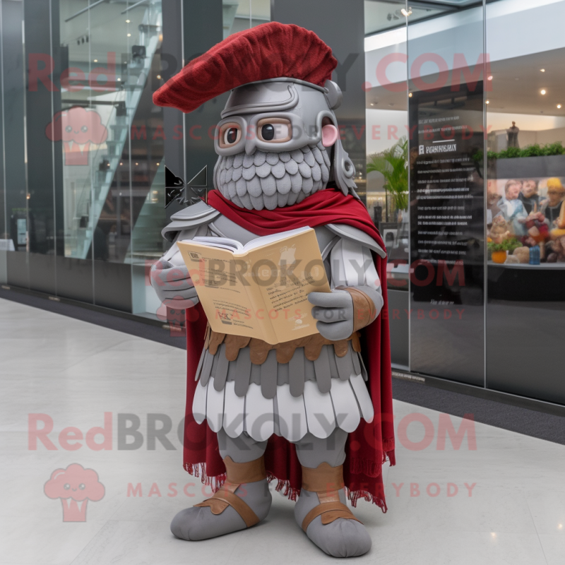 Gray Roman Soldier mascot costume character dressed with a Wrap Dress and Reading glasses