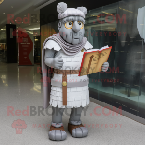 Gray Roman Soldier mascot costume character dressed with a Wrap Dress and Reading glasses