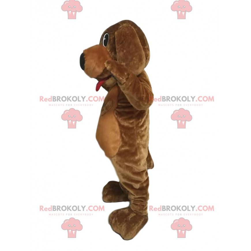 Brown dog mascot with a big black muzzle and a red tongue -