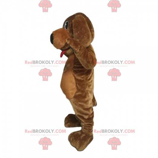 Brown dog mascot with a big black muzzle and a red tongue -