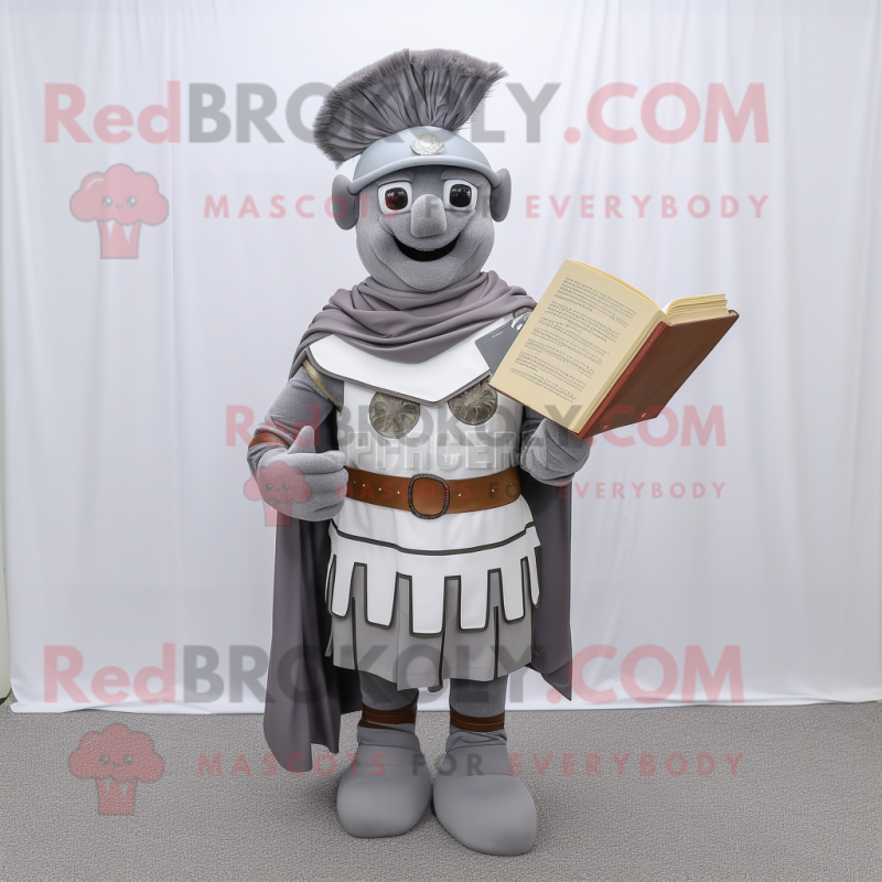 Gray Roman Soldier mascot costume character dressed with a Wrap Dress and Reading glasses