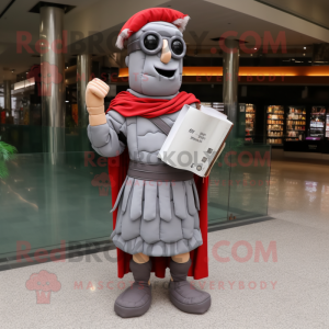 Gray Roman Soldier mascot costume character dressed with a Wrap Dress and Reading glasses