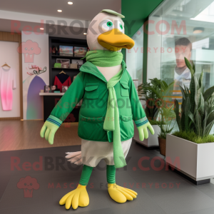 Green Geese mascot costume character dressed with a Chinos and Scarves