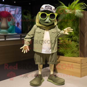 Olive Cod mascot costume character dressed with a Bermuda Shorts and Sunglasses