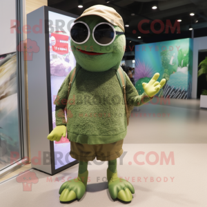 Olive Cod mascot costume character dressed with a Bermuda Shorts and Sunglasses