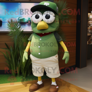 Olive Cod mascot costume character dressed with a Bermuda Shorts and Sunglasses