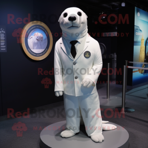 White Seal mascot costume character dressed with a Suit Pants and Shoe clips