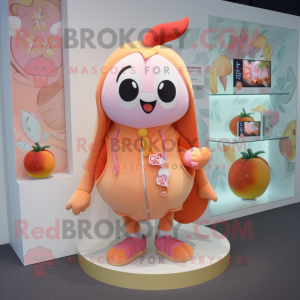 Peach Demon mascot costume character dressed with a Cardigan and Brooches