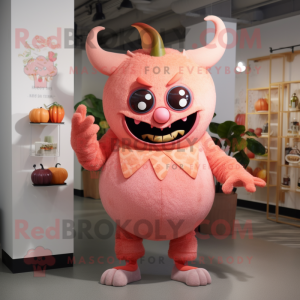 Peach Demon mascot costume character dressed with a Cardigan and Brooches