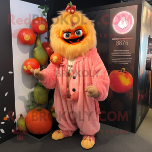 Peach Demon mascot costume character dressed with a Cardigan and Brooches