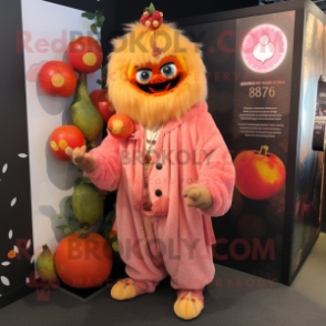 Peach Demon mascot costume character dressed with a Cardigan and Brooches