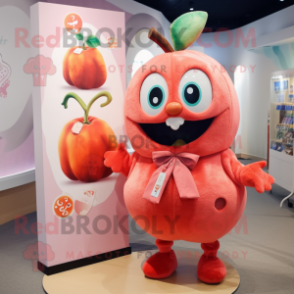 Peach Demon mascot costume character dressed with a Cardigan and Brooches