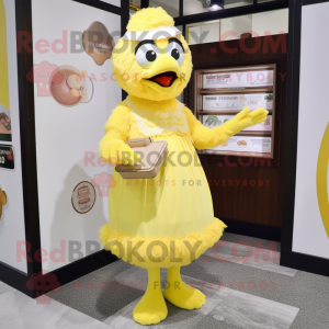 Lemon Yellow Fried Chicken mascot costume character dressed with a Shift Dress and Clutch bags