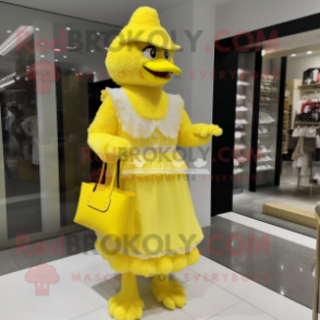 Lemon Yellow Fried Chicken mascot costume character dressed with a Shift Dress and Clutch bags