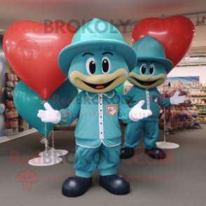 Teal Heart Shaped Balloons mascot costume character dressed with a Windbreaker and Hat pins