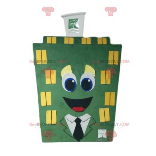 Mascota de edificio verde con ventanas amarillas -