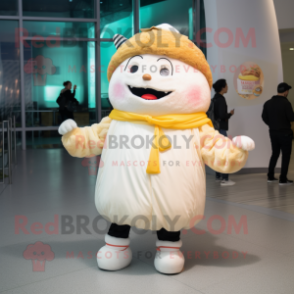 Cream Hamburger mascot costume character dressed with a Parka and Anklets