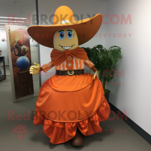 Orange Cowboy mascot costume character dressed with a Maxi Skirt and Anklets