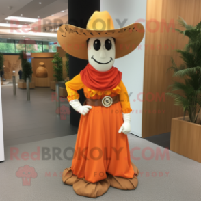 Orange Cowboy mascot costume character dressed with a Maxi Skirt and Anklets