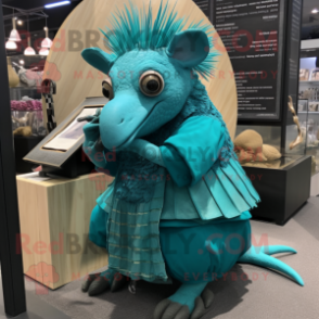 Turquoise Armadillo mascot costume character dressed with a Empire Waist Dress and Eyeglasses