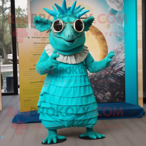 Turquoise Armadillo mascot costume character dressed with a Empire Waist Dress and Eyeglasses