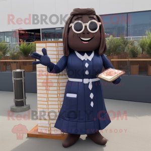 Navy Chocolate Bars mascot costume character dressed with a Cocktail Dress and Reading glasses