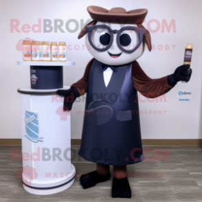 Navy Chocolate Bars mascot costume character dressed with a Cocktail Dress and Reading glasses