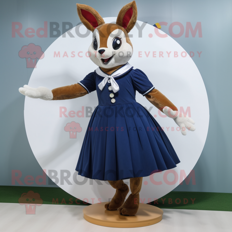 Navy Roe Deer mascot costume character dressed with a Circle Skirt and Foot pads Navy Roe Deer mascot costume character dressed with a Circle Skirt and Foot pads