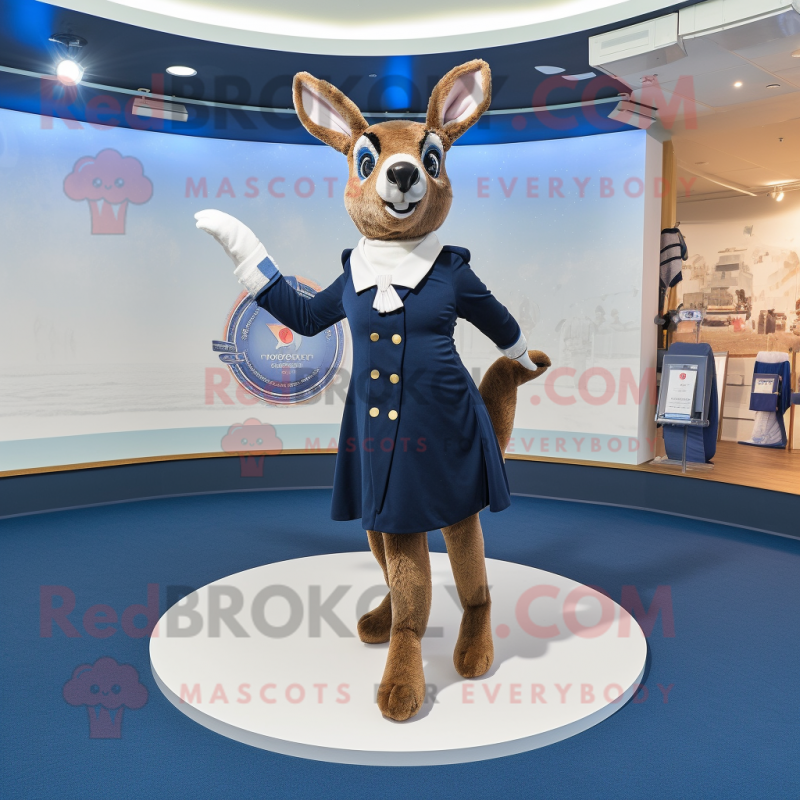 Navy Roe Deer mascot costume character dressed with a Circle Skirt and Foot pads Navy Roe Deer mascot costume character dressed with a Circle Skirt and Foot pads