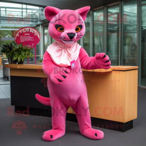 Pink Jaguarundi mascot costume character dressed with a Culottes and Cufflinks