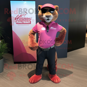 Pink Jaguarundi mascot costume character dressed with a Culottes and Cufflinks