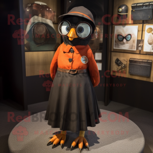 Rust Crow mascot costume character dressed with a Circle Skirt and Eyeglasses