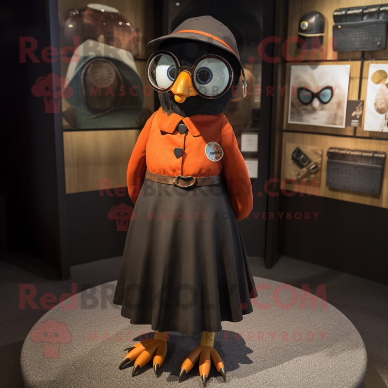 Rust Crow mascot costume character dressed with a Circle Skirt and Eyeglasses Rust Crow mascot costume character dressed with a Circle Skirt and Eyeglasses