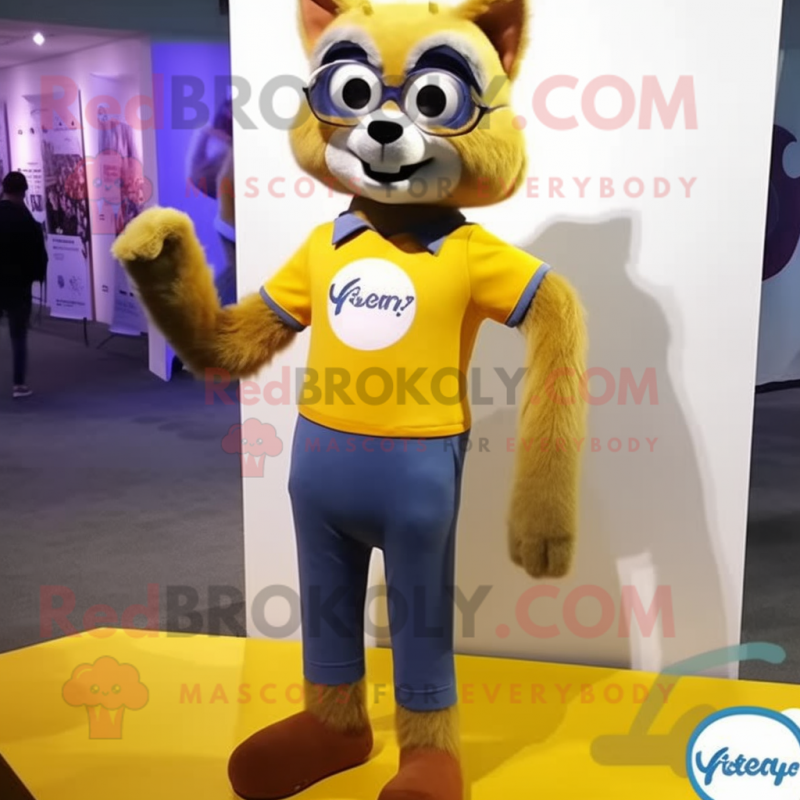 Yellow Raccoon mascot costume character dressed with a Skinny Jeans and Eyeglasses