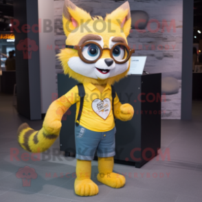 Yellow Raccoon mascot costume character dressed with a Skinny Jeans and Eyeglasses