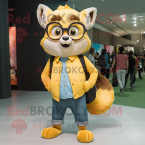 Yellow Raccoon mascot costume character dressed with a Skinny Jeans and Eyeglasses